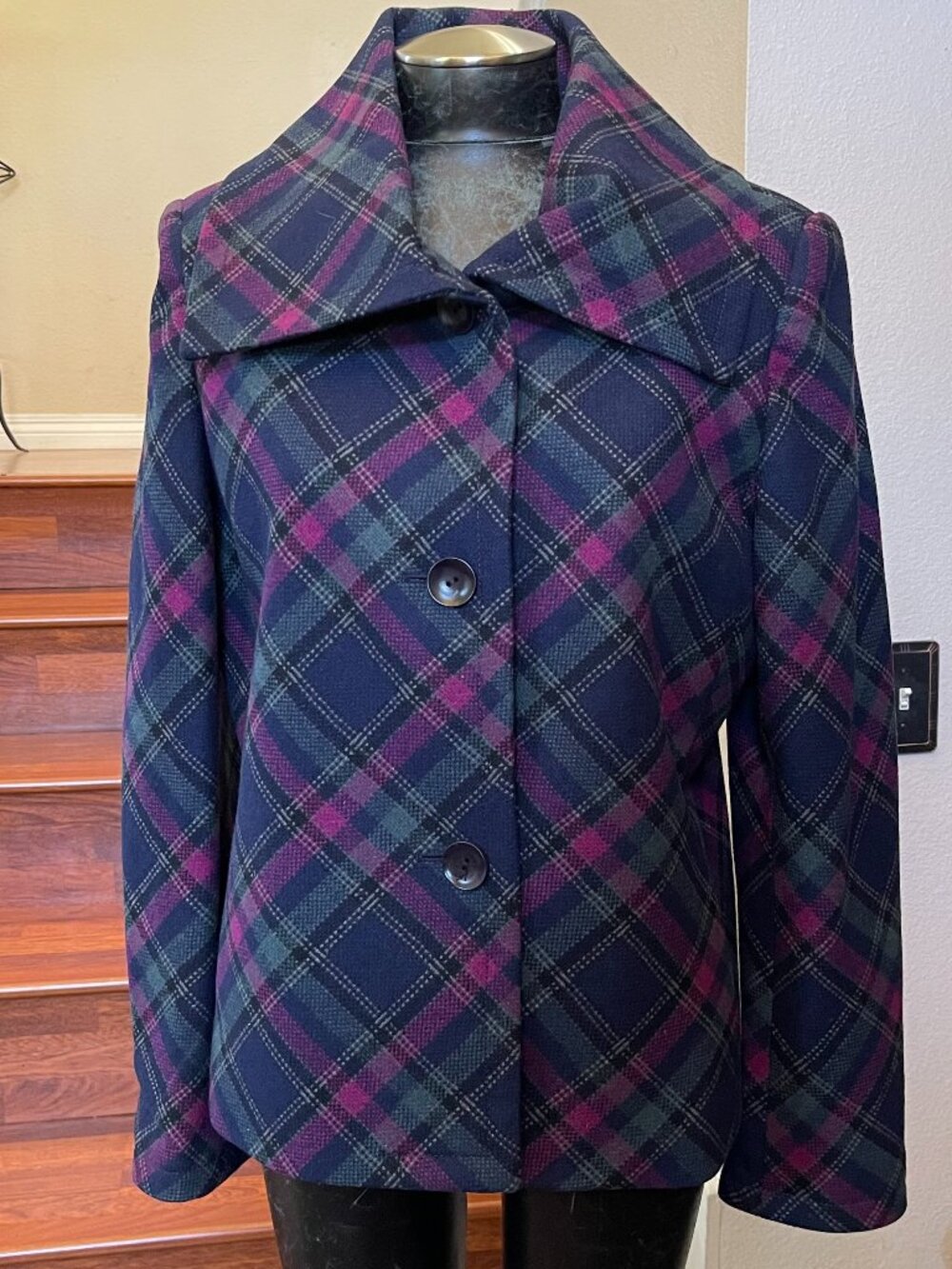 Talbots Plaid Wool Blend Blazer Jacket Green Navy Pink 3 Buttons & Pockets Sz 14